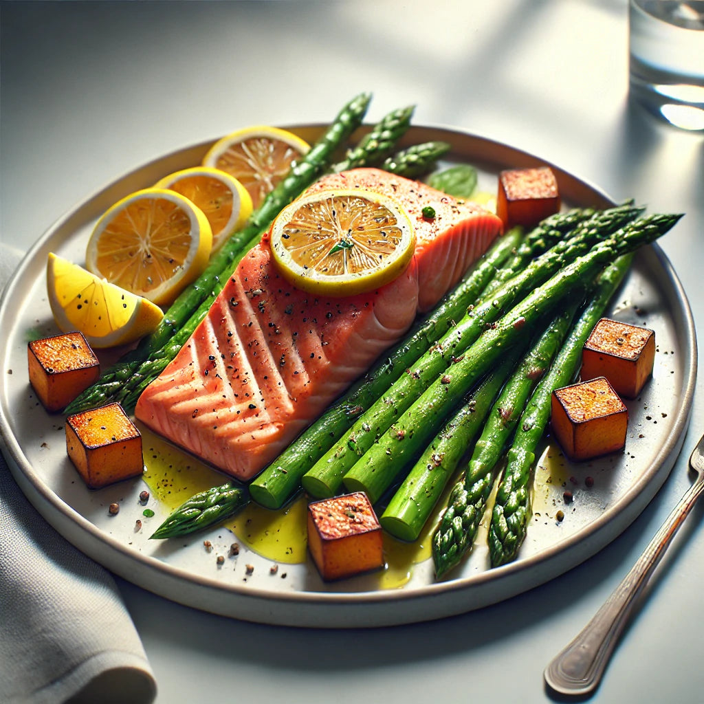 Baked Salmon with Asparagus and Sweet Potato