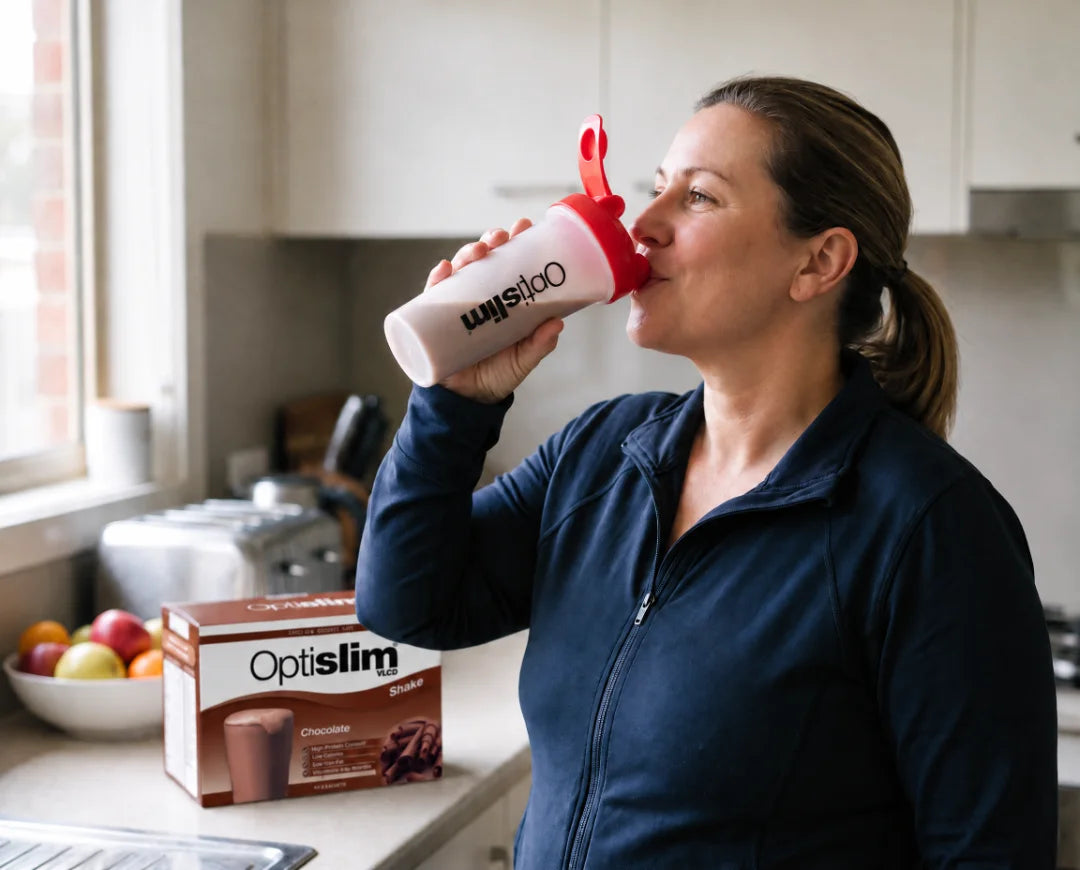 An Optislim customer drinking her shake in the kitchen