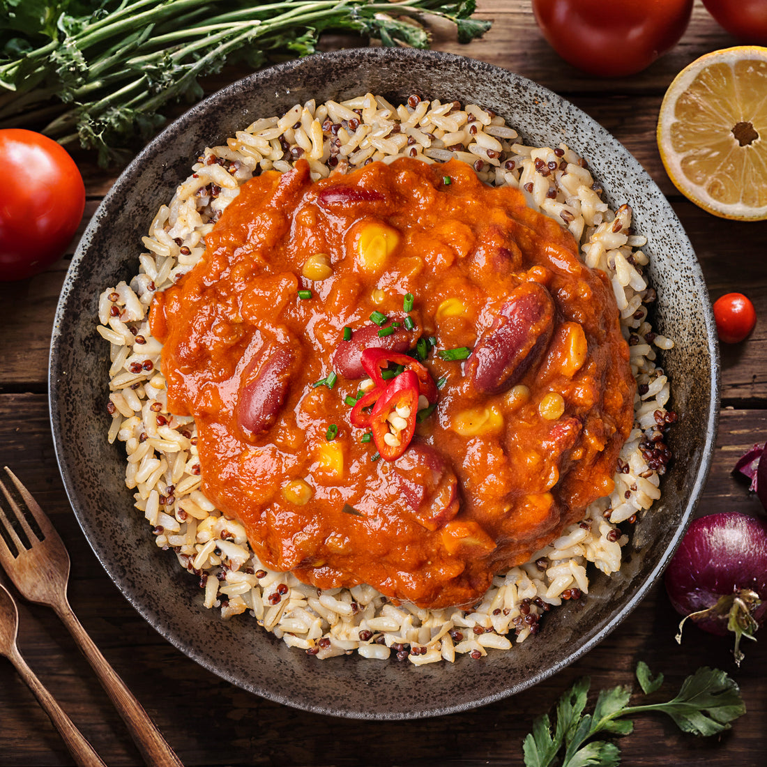 Vegetarian Lentil Chilli  with Brown Rice &amp; Quinoa (300g) - Optislim