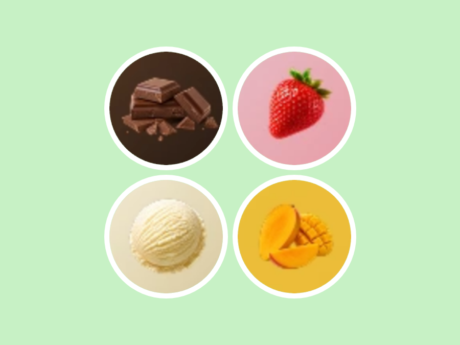 Chocolate, strawberry, vanilla and mango flavours